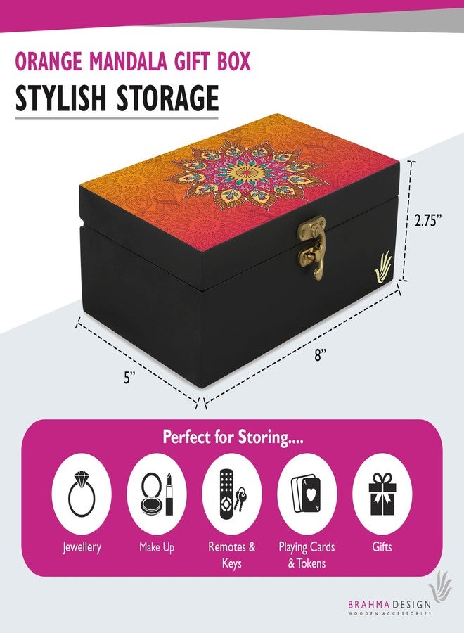 BRAHMA DESIGN صندوق هدايا مزخرف من الخشب المصنّع من براهمة ديزاين، بتصميم ماندالا برتقالي | المقاس: 8 × 5 × 2.75 بوصة | صندوق مجوهرات، صندوق تاروت، منظم تخزين للأشياء الصغيرة، صندوق هدايا للتغليف - Image 2